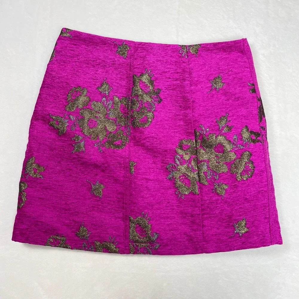 Free People Skirt Womens 6 Magenta Pink Gold Tapestry Floral Brocade Mini Zip